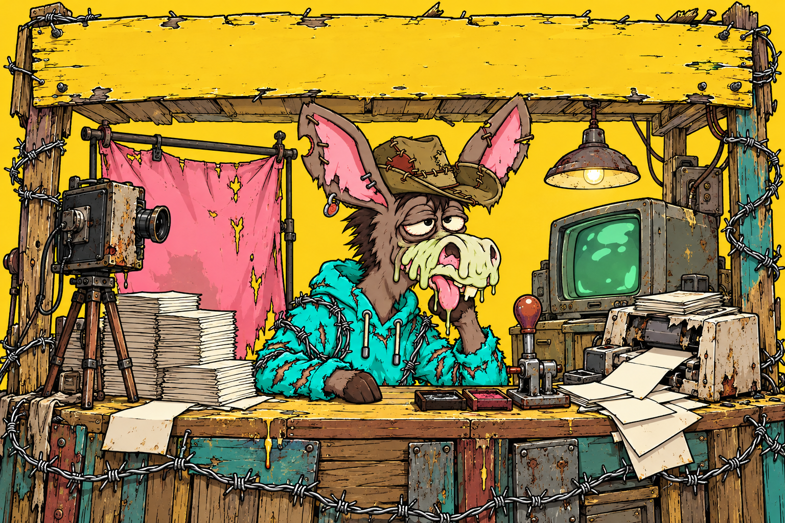 A PONKIE customs clerk at a cluttered desk with an old camera and broken printer