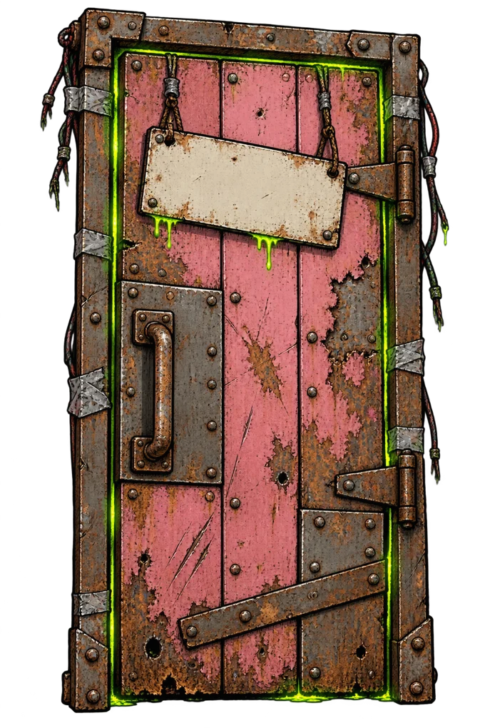 Rusty door with wires and a suspicious green light
